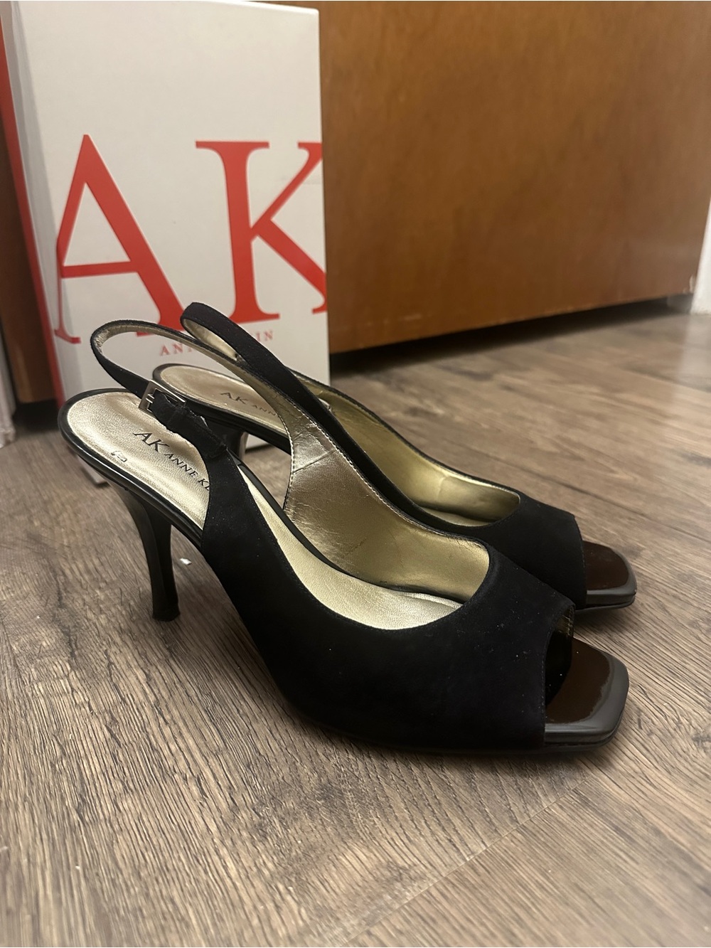 Anne Klein Black Suede Peep-Toe Slingback Heels 9.5